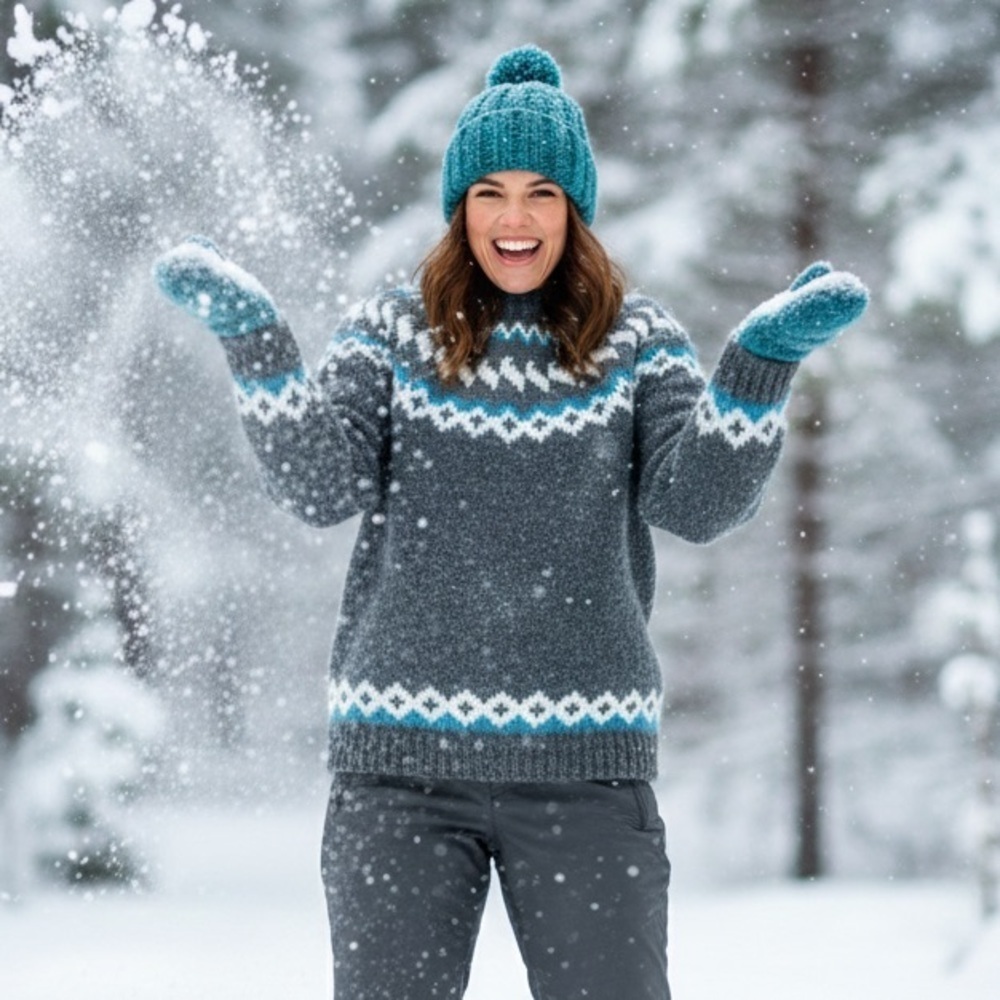 Handmade Icelandic/Lopapeysa Style Wool Sweater (Large) Grey Teal Chunky Knit